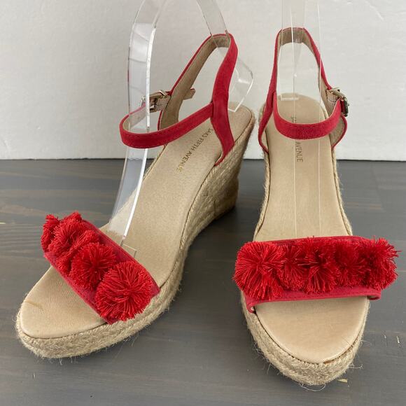 Saks Fifth Avenue Espadrille Wedge Ankle Strap Sandals 7.5 Red Pom Pom Leather - Picture 2 of 10